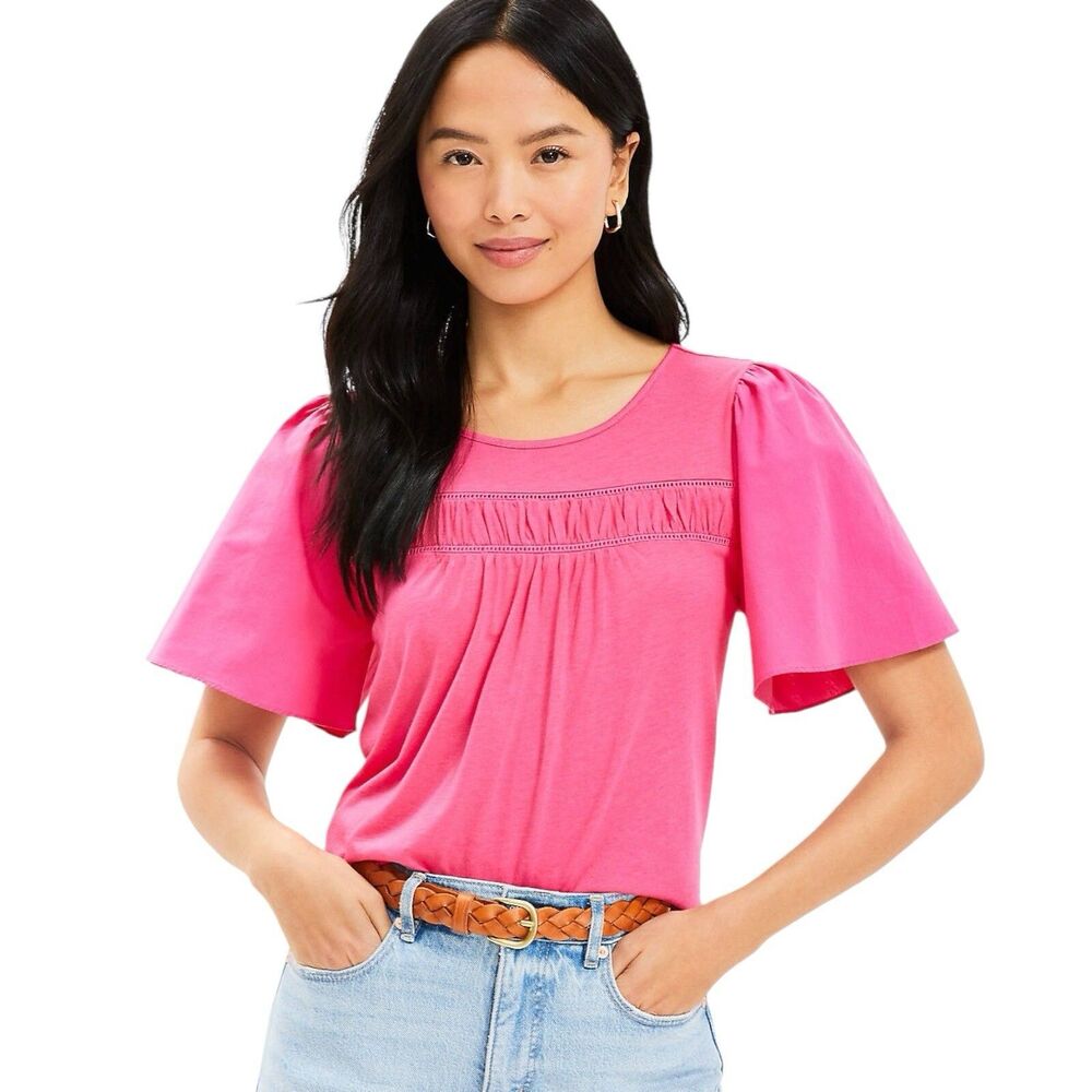 Ann Taylor Loft Pink Cotton Short Ruffle Flared Sleeve Round Neck Top Size XS